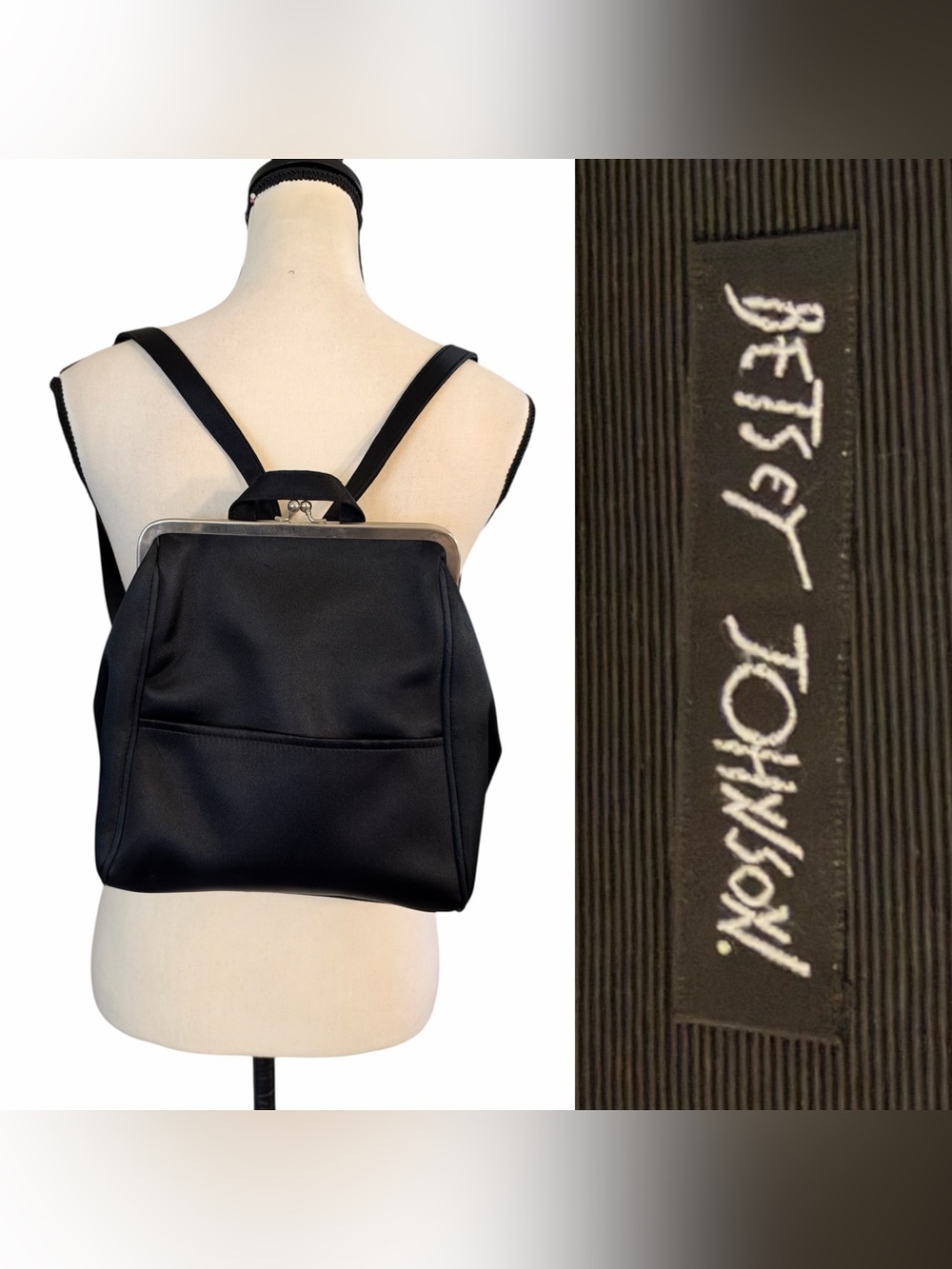 Vintage 90s Betsey Johnson Black Kiss Lock Mini Backpack Bag